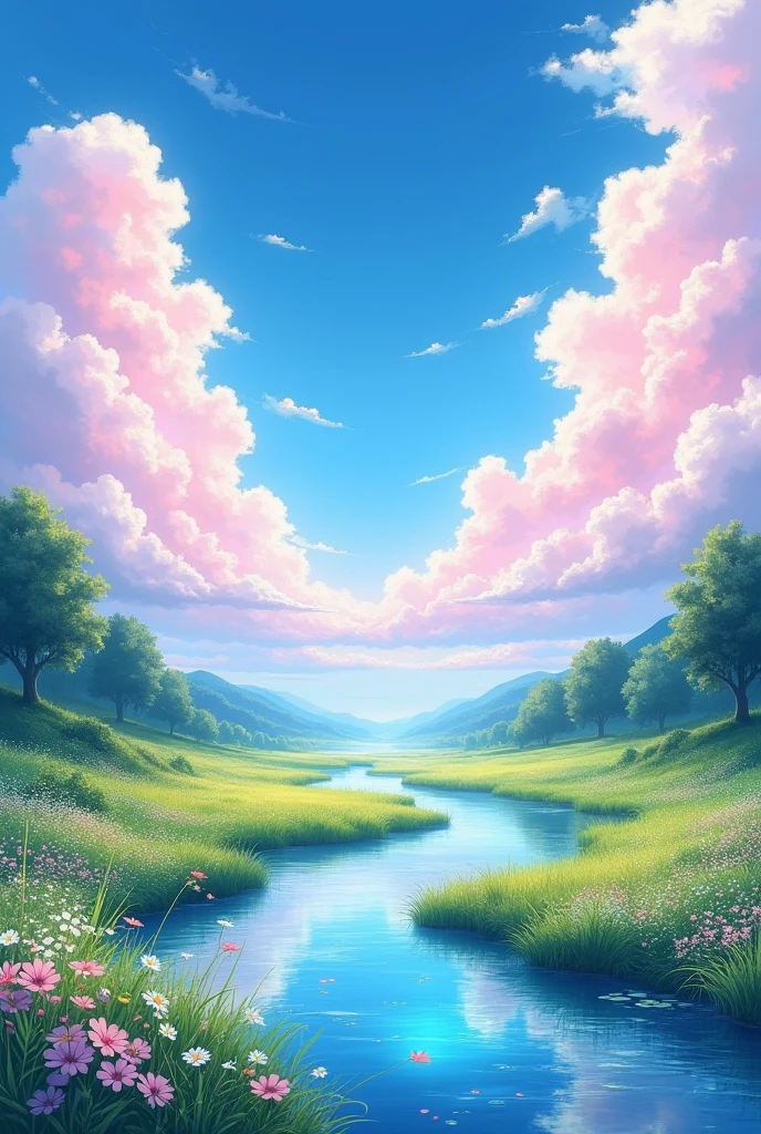 Anime sky and clouds and a smal river