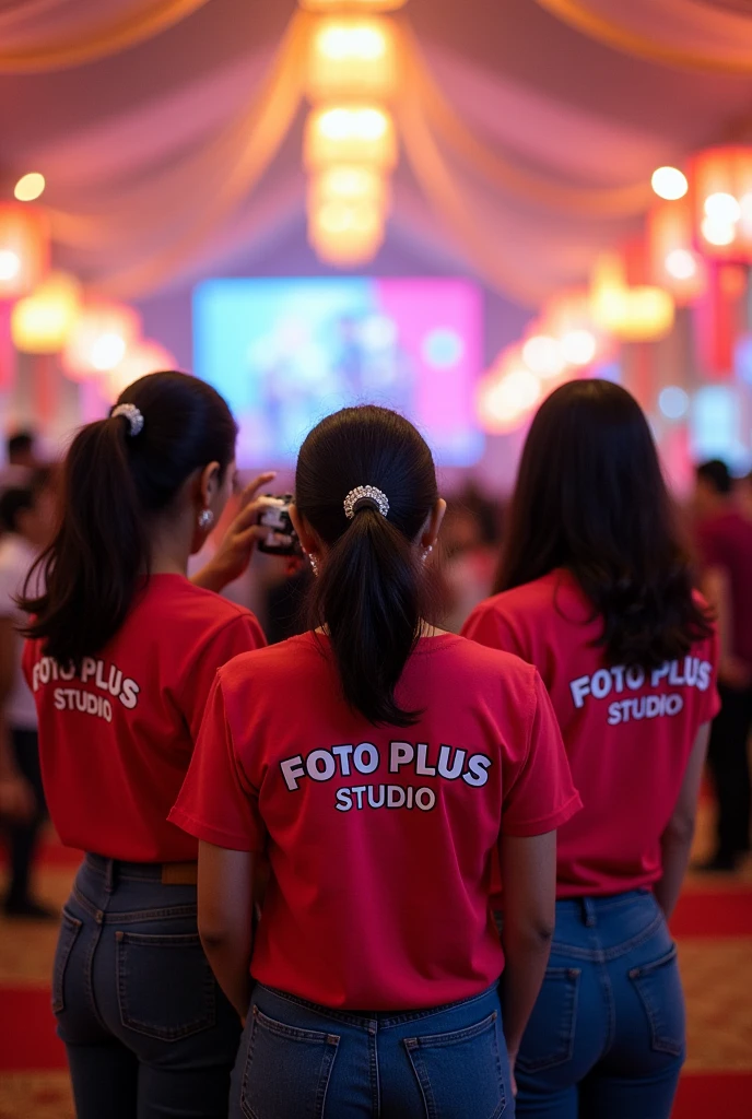 Here’s a prompt you can use:

"A team of Indian female photographers, well-dressed in stylish attire, participating in an event. The back of their T-shirts displays 'FOTO PLUS STUDIO' prominently. Each photographer holds a DSLR camera, and they are positioned in the center of the image, viewed from behind. The scene captures their professionalism, unity, and focus as they work together to cover the event."