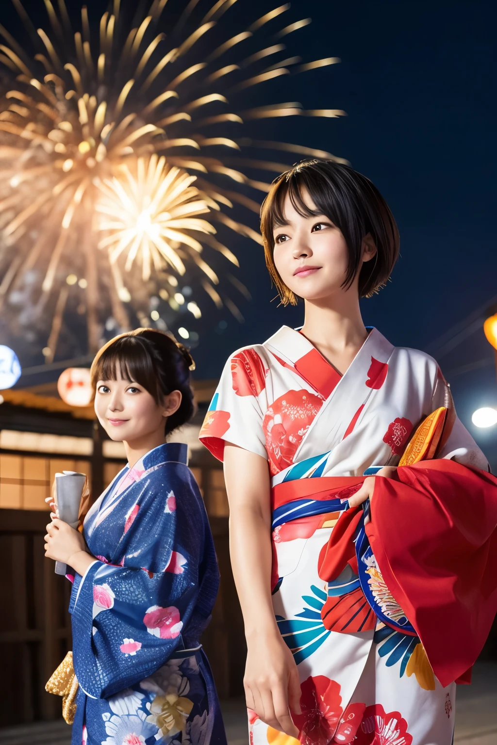 A Japanese woman with the charm of an adult、A portrait of her upper body in a yukata with short hair、Two young women with fireworks exploding in the background、