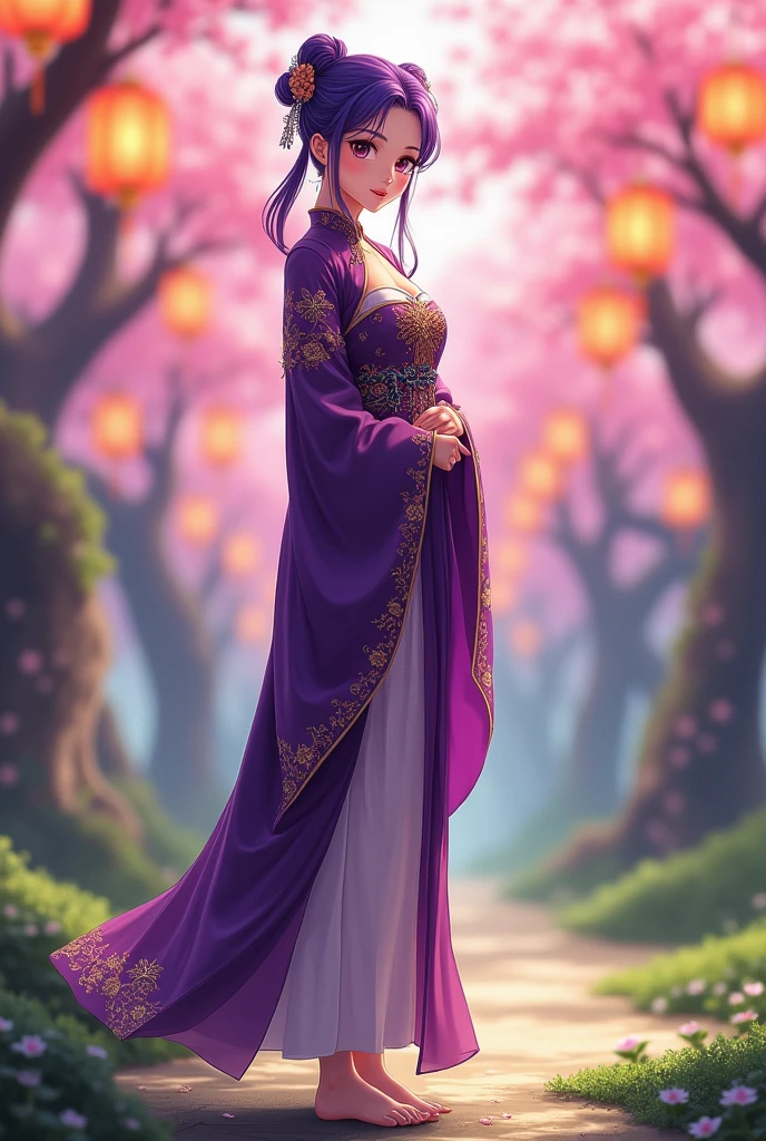 Purple hair, adult woman, purple, Chinese dress, twin buns, whole body, toes, front, anime