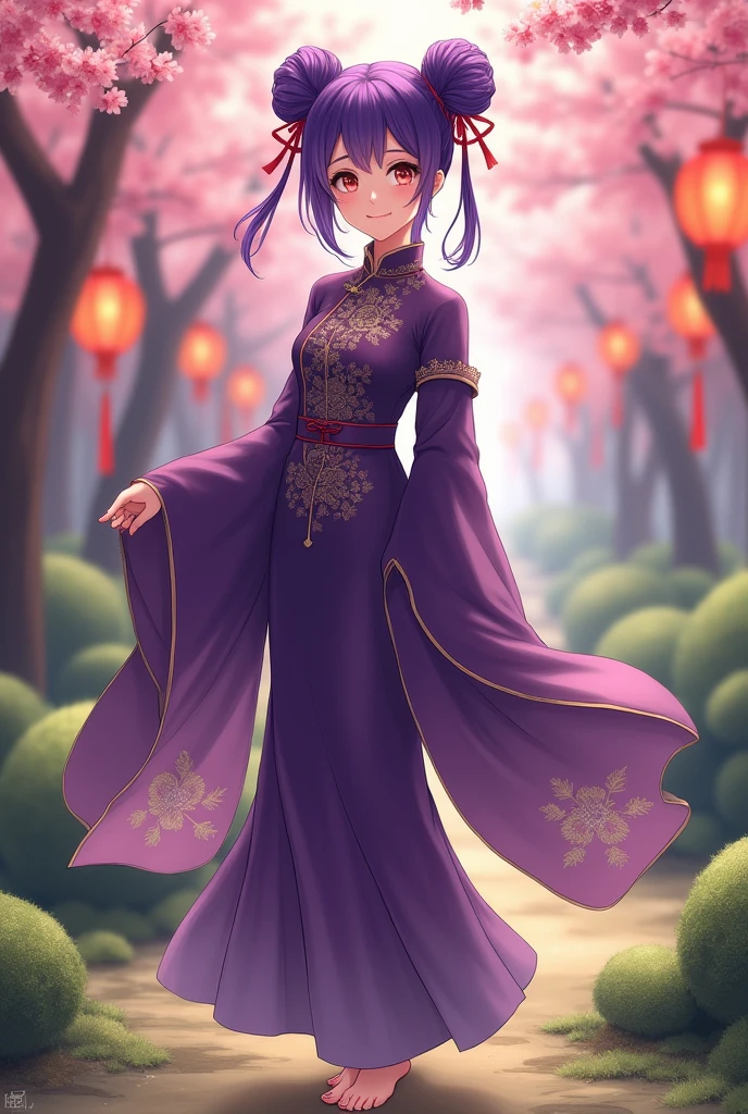 Purple hair, adult woman, purple, Chinese dress, twin buns, whole body, toes, front, anime