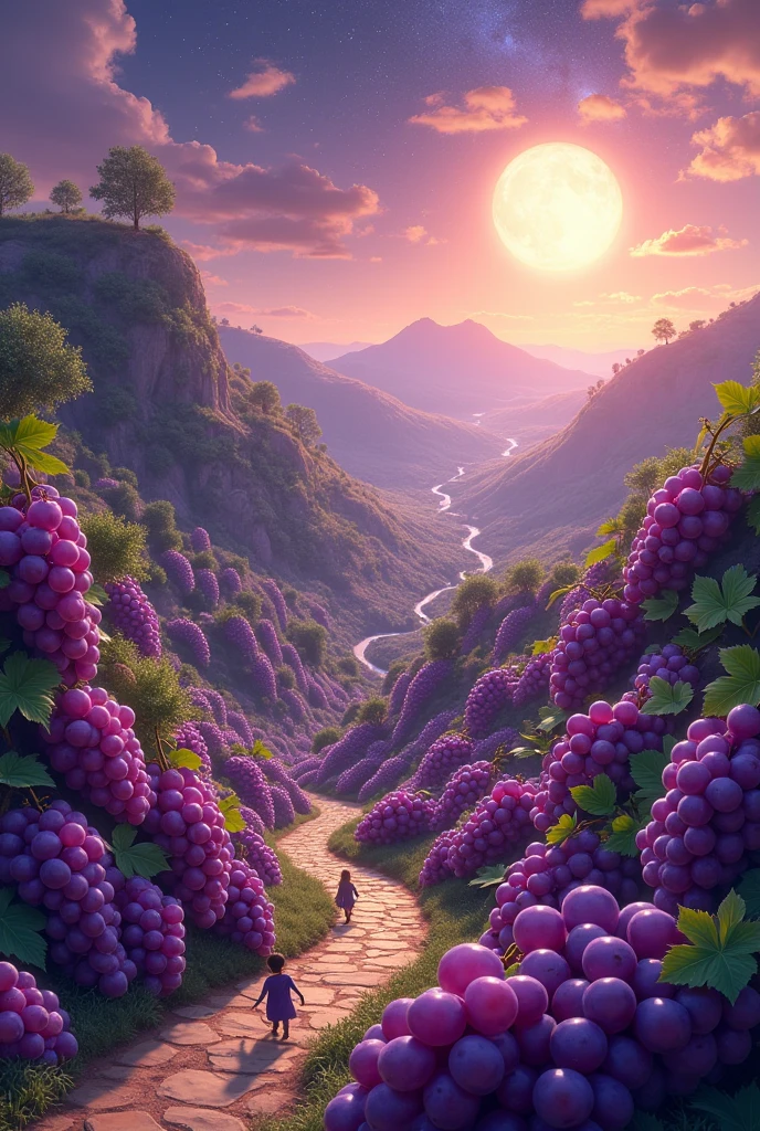 Create a planet made of grapes with people talking