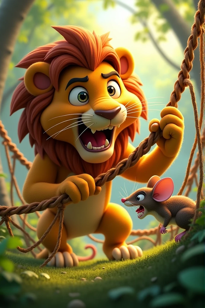 In 3d animation style " A lion trapped in a strong, thick net, roaring in distress. The same small mouse is using its sharp teeth to gnaw through the ropes of the net, determined to set the lion free" 