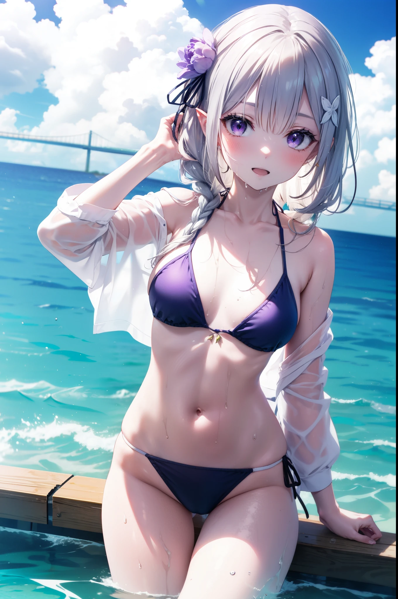 rezeroEmilia, Emilia,flower, hair flower, hair ornaments, Hair Ribbon, Long braids, (Purple eyes:1.2), Pointed Ears, white flower, x hair ornaments, smile,Open your mouth,White string bikini swimsuit,barefoot,Wet Hair,Wet Skin,Wet Hair,Water Play,Daytime,Clear skies,True Summer,whole bodyがイラストに入るように,
break outdoors, Ocean,Beach,
break looking at viewer, whole body,(Cowboy Shot:1.5),
break (masterpiece:1.2), Highest quality, High resolution, unity 8k wallpaper, (figure:0.8), (Beautiful attention to detail:1.6), Highly detailed face, Perfect lighting, Highly detailed CG, (Perfect hands, Perfect Anatomy),