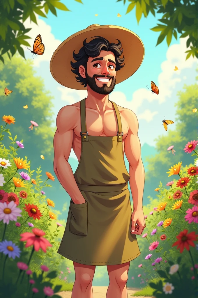 gardener, A naked man in an apron and a straw hat. in anime style