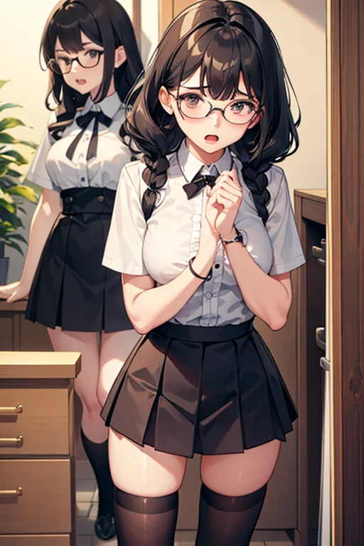 Young man, open mouth broad shoulders, crossdressing, wig long blone curly, fake breasts, shirt, skirt, knee socks, suprised, scared, shy, modest, looking in the mirror wearing glasses