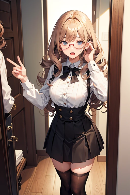 Young man, open mouth broad shoulders, crossdressing, wig long blone curly, fake breasts, shirt, skirt, knee socks, suprised, scared, shy, modest, looking in the mirror wearing glasses