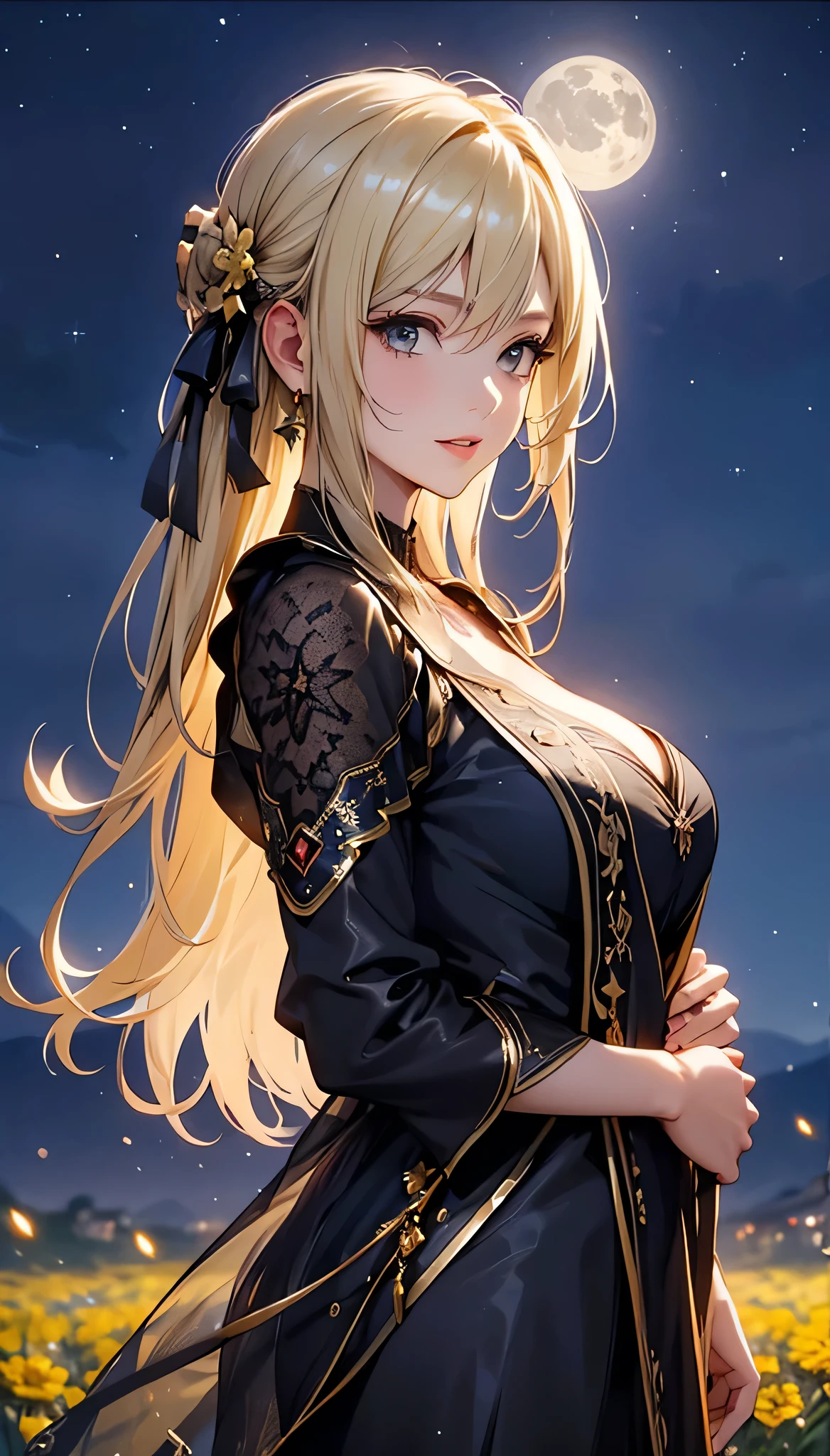 masterpiece, high quality, 4K, Nice design, contour，Blonde， 非常に詳細な夜のStarry Sky,Flower Field， wonderful, Finer details,  Very knowledgeable woman, Highly detailed solo, 1 female,Large Breasts， skirt，Night view，Starry Sky，Full Moon，