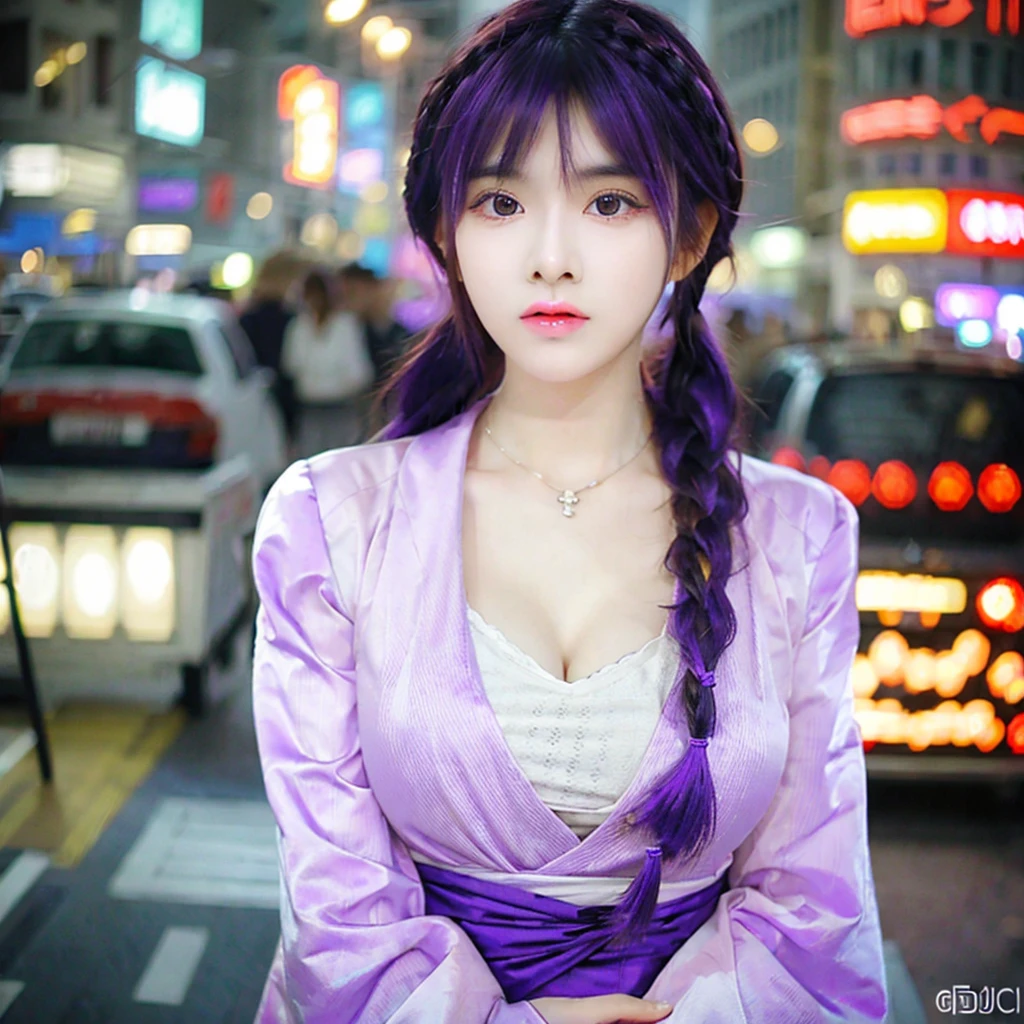 1girl, blunt bangs, braid, wide sleeves, hair ornament, japanese clothes, red obi, (purple hair:1.2), very long hair, straight hair, looking at viewer, highly detailed background, (photo realistic:1.2), detailed eyes, red eyeshadow, depth of field，thigh, (ulzzang-6500:0.7), upper body, (solo:1.2), (cyberpunk city:1.1), cleavage. 