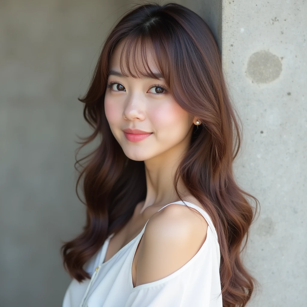 Natural Makeup、Beautiful woman、Beautiful Japanese、Brown hair color、Earrings、White sleeveless blouse、The body is tilted and looking at the camera.、Smiling Kindly、Thready hair、Simple concrete background、No bangs、鎖骨下のHeavy ends、Destructive beauty、Straight Hair、Cute adult woman、Half face、gloss髪、Long bangs、gloss々のStraight Hair、Western style、A different woman from last time、semi-long、Heavy ends、もっとBeautiful woman、Smooth Straight