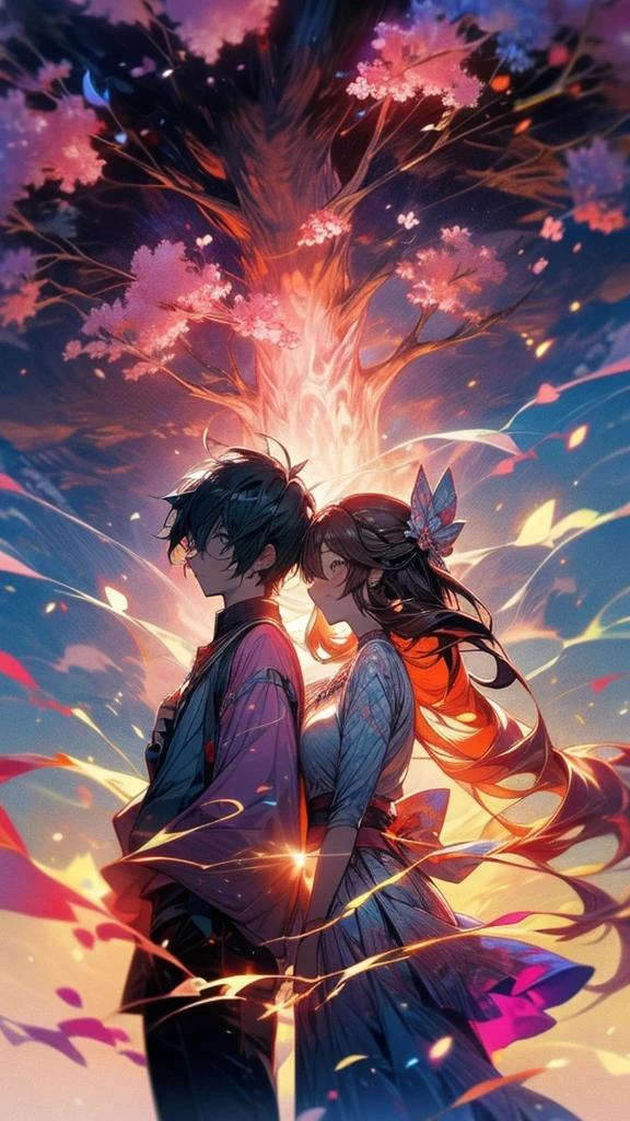Couple, sunset, colorful, cherry blossom tree