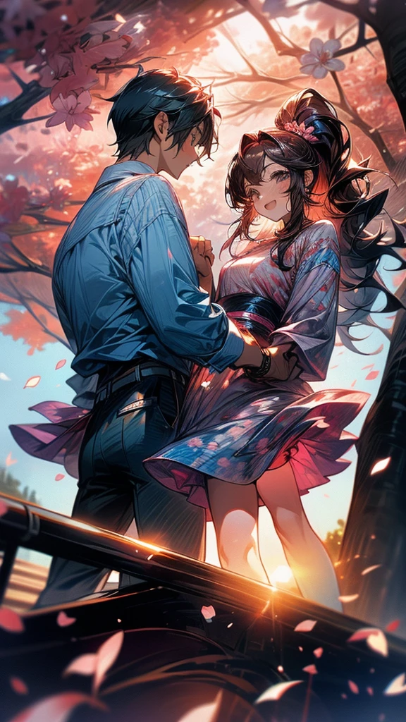 Couple, sunset, colorful, cherry blossom tree 