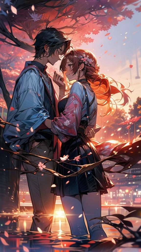 Couple, sunset, colorful, cherry blossom tree 