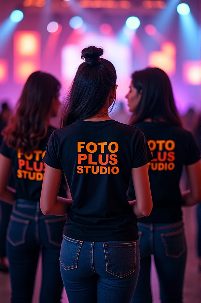 Here’s a prompt you can use:

"A team of Indian female photographers, well-dressed in stylish attire, participating in an event. The back of their T-shirts displays 'FOTO PLUS STUDIO' prominently. Each photographer holds a DSLR camera, and they are positioned in the center of the image, viewed from behind. The scene captures their professionalism, unity, and focus as they work together to cover the event."
