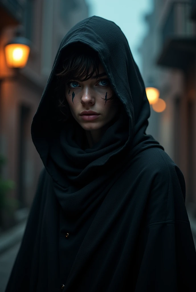 Draw a brown-eyed brunette in a black hood, He has one blue eye and a scar
