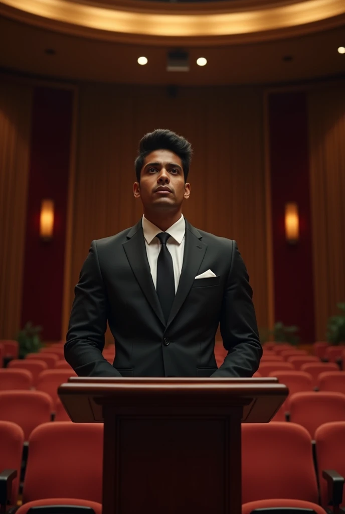 A realistic image of a muscular Indian boy standing on a lectern wearing black suit.