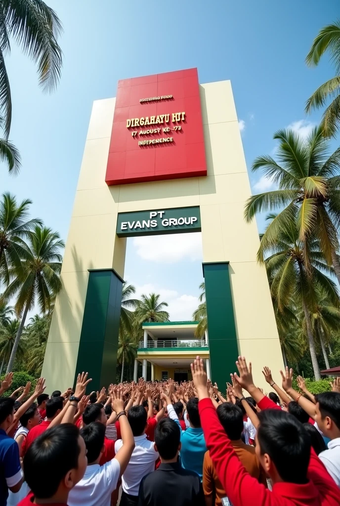 The office is located on a palm oil plantation, The office is clearly visible, the top is cream and the bottom is dark green, and there is a large enough monument, the top is red and the bottom is white, At the entrance to the office there is a clear inscription, namely PT EVANS GROUP at the bottom and at the top there is DIRGAHAYU HUT 17 AUGUST KE- 78 INDEPENDENCE, Under the monument, staff and local residents can be seen enthusiastically celebrating Independence Day., they appear to be facing forward, with hands clasped upwards, This picture looks very real and realistic.