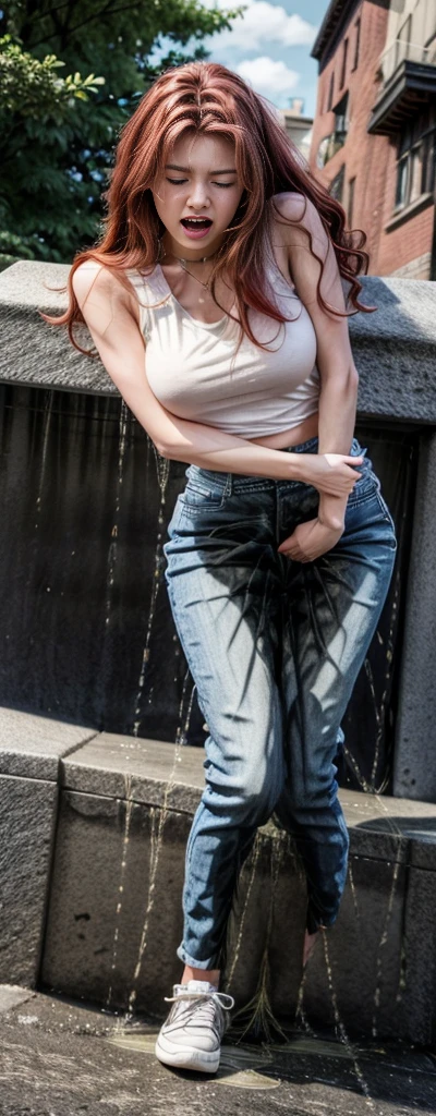 RAW photo, photo realistic:1.2, ultra high resolution, highly detailed face, highly detailed eyes, perfect anatomy, super detailed skin, not safe for work, UHD, (peeing self:1.8),
(dynamic angle, standing pose:1.2), outdoors, (have to pee), downtown, just after rain, in the rain, raining!!!, on a rainy day, (legs focus, full body:1.3), (beautiful face, beautiful eyes, beautiful legs),
1girl, 20 year old, European woman, red hair, wavy hair, long red hair, forehead, blue eyes, blush, scared, panicking, crying, tears, open mouth, large breast, hard nipples, cleavage, (white shirt), wet shirt, bare shoulder, (((hands between legs))), skinny, wide hips, thin waist, (blue skinny jeans pants), (((knees together feet apart))), (black and white sneakers)