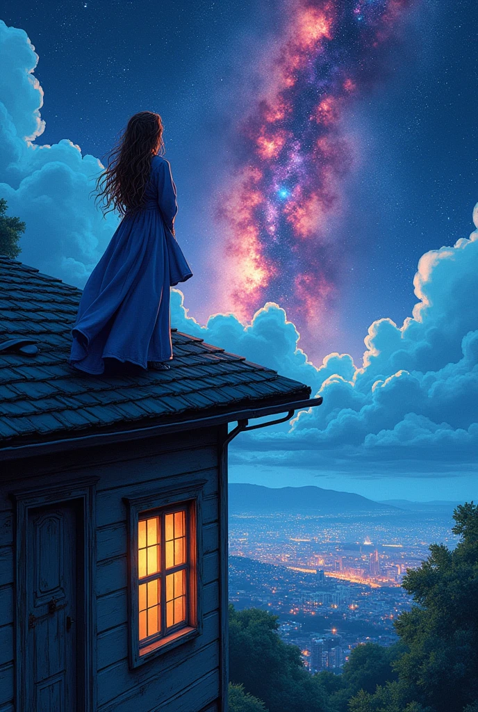 (praise), Sitting on the roof of an old house, Lo-fi imagery,Retro, flat,2.5D, Night Light, Rooftop view, Neon scape, Beautiful, colorful night sky,performer ,Analog Color Theme, Fantasy ,Line art, Ink painting, Big incline, watercolor, Gouache Color, Studio Ghibli Style, Great colorful, Out turn, Synthwave, Lofi Art,90s Style,Old Texture, amplitude,90s vibe, masterpiece, Vast skills
