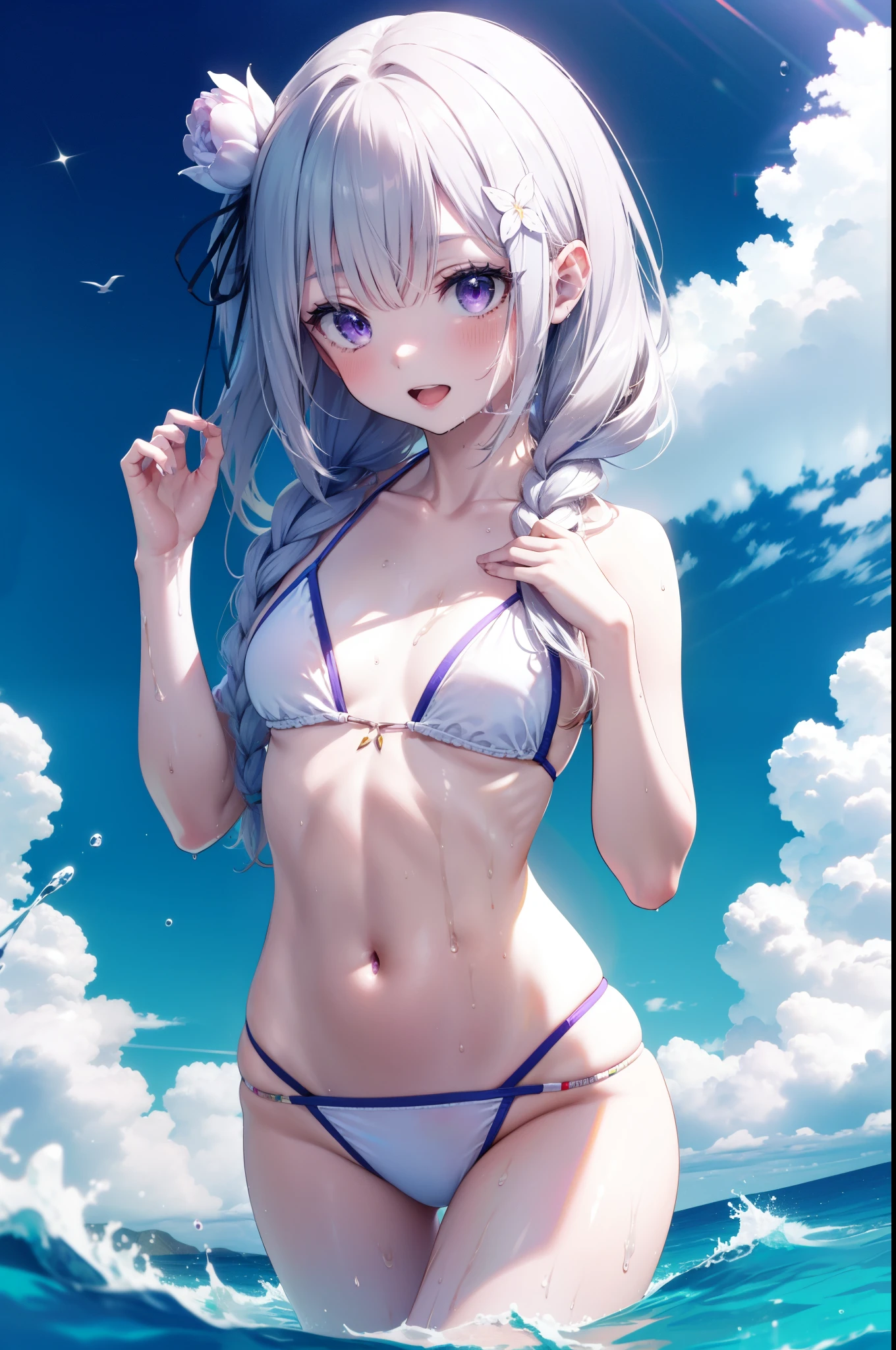 rezeroEmilia, Emilia,flower, hair flower, hair ornaments, Hair Ribbon, Long braids, (Purple eyes:1.2), Pointed Ears, white flower, x hair ornaments, smile,Open your mouth,White string bikini swimsuit,barefoot,Wet Hair,Wet Skin,Wet Hair,Water Play,Daytime,Clear skies,True Summer,whole bodyがイラストに入るように,
break outdoors, Ocean,Beach,
break looking at viewer, whole body,(Cowboy Shot:1.5),
break (masterpiece:1.2), Highest quality, High resolution, unity 8k wallpaper, (figure:0.8), (Beautiful attention to detail:1.6), Highly detailed face, Perfect lighting, Highly detailed CG, (Perfect hands, Perfect Anatomy),