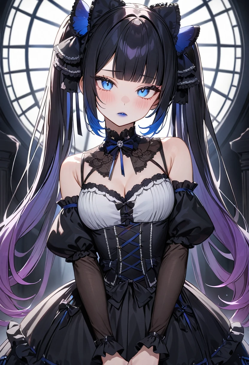 (masterpiece, top quality, very aesthetic, 4k、illustration), intricate detail, 1woman,solo,contrapposto 、()、Strong glowing eyes、blunt bangs,Fair skin,(upper body)、sleepy 、twintails、(Blue lipstick),beautiful face、Blushing,(gradient hair)、multicolored hair,middle hair,sidelock ,blue eyes、gothic lolita dress、medium breasts、slender 、