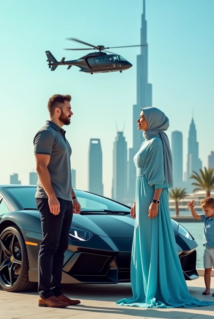 Handsome man without mustache wearing a gray aesthetic polo and pantswith a rolex watch with their  black Lamborghini and flying motor in Dubai with his beautiful Muslim wife wearing sky-blue dress and twin children with their $1 000 000 000 Mansion in the background 
