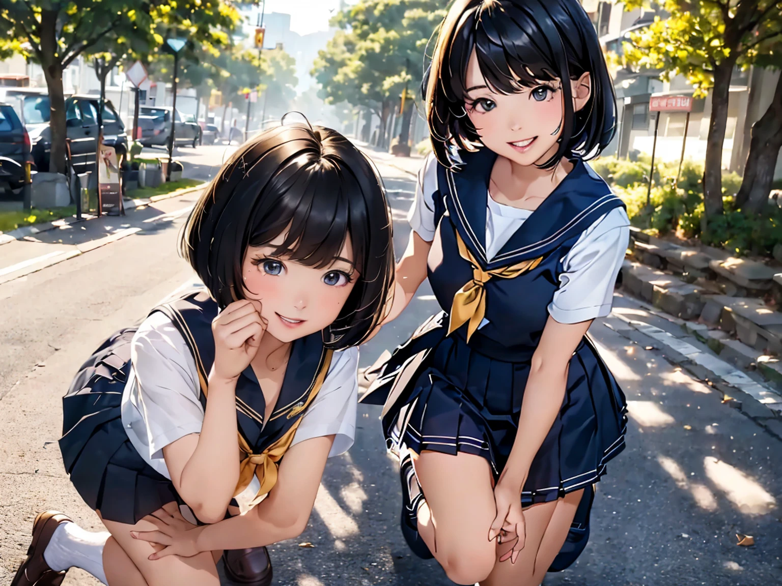 Browsing Caution,​(Highest quality, 8k, masterpiece:1.3,beautiful girl), (Very detailed)Glowing Skin,(((Woman 1))),((Short sleeve, cute navy sailor suit, Navy Pleated Skirt, Navy sailor collar, Blue Sailor Scarf, socks, Brown Loafers)), (Perfect Anatomy, Anatomically correct, Very detailed肌),((Golden Eyes)),((Perfect Fingers,Five Fingers)),((Black Hair,Bobcut,)),Natural Makeup,Smile in full bloom、cheeks turn a little red,morning、Tree-lined street、front、She's running、Focus Only、Hairpin wearing、Mole in the eye