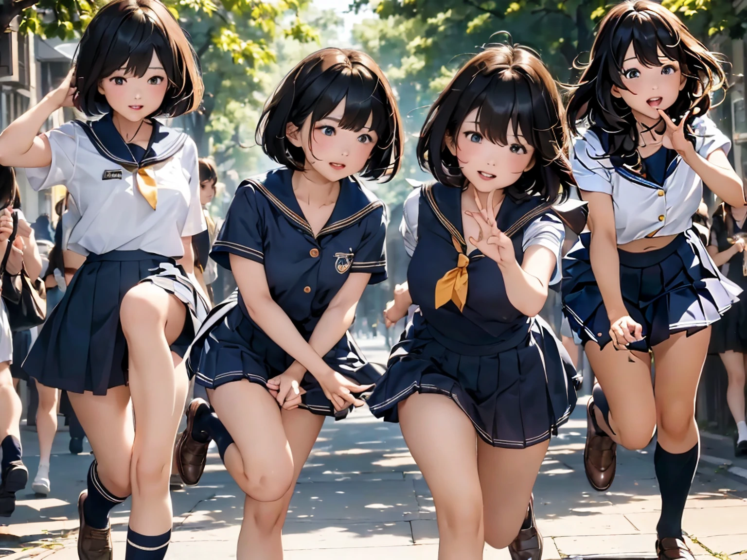 Browsing Caution,(Highest quality, 8k, masterpiece:1.3,beautiful girl), (Very detailed)Glowing Skin,(((Woman 1))),((Short sleeve, cute navy sailor suit, Navy Pleated Skirt, Navy sailor collar, Blue Sailor Scarf, socks, Brown Loafers)), (Perfect Anatomy, Anatomically correct, Very detailed肌),((Golden Eyes)),((Perfect Fingers,Five Fingers)),((Black Hair,Bobcut,)),Natural Makeup,Smile in full bloom、cheeks turn a little red,morning、Tree-lined street、front、She's running、Focus Only、Hairpin wearing、Mole in the eye