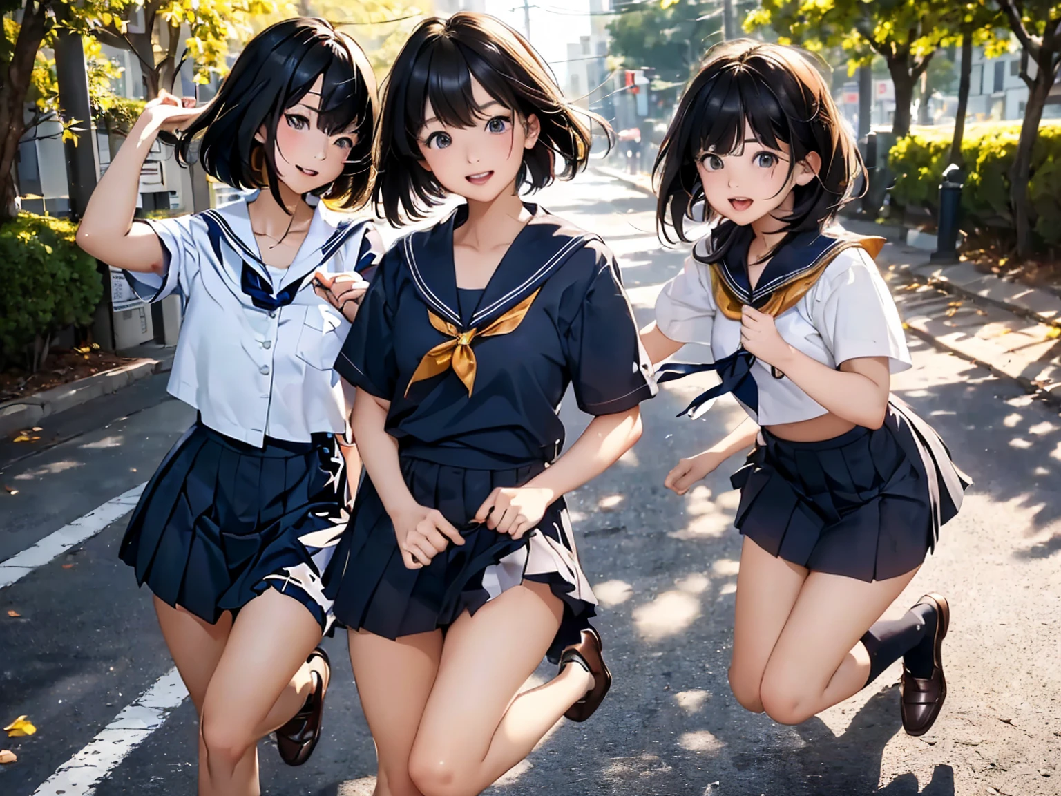 Browsing Caution,(Highest quality, 8k, masterpiece:1.3,beautiful girl), (Very detailed)Glowing Skin,(((Woman 1))),((Short sleeve, cute navy sailor suit, Navy Pleated Skirt, Navy sailor collar, Blue Sailor Scarf, socks, Brown Loafers)), (Perfect Anatomy, Anatomically correct, Very detailed肌),((Golden Eyes)),((Perfect Fingers,Five Fingers)),((Black Hair,Bobcut,)),Natural Makeup,Smile in full bloom、cheeks turn a little red,morning、Tree-lined street、front、She's running、Focus Only、Hairpin wearing、Mole in the eye