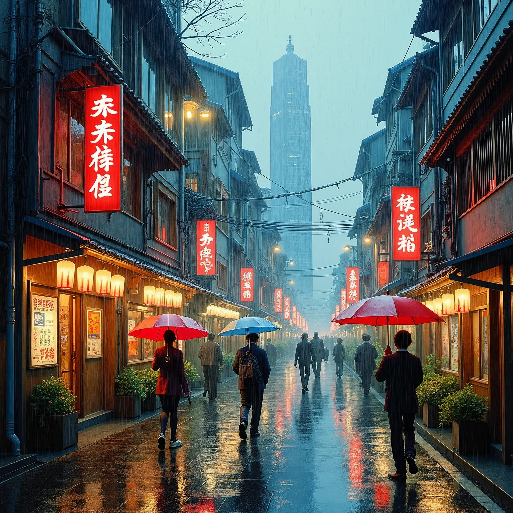Generate an image of a Japanese city on a rainy day