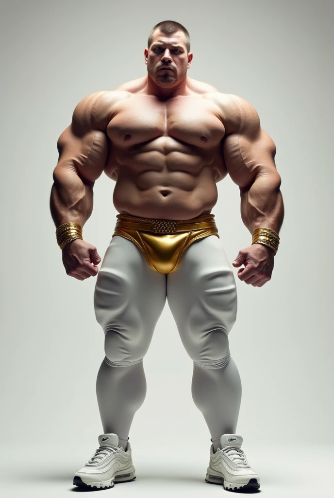 He has enormous muscles, muscles so big they make his head look small compared to his body. The muscles of his shoulders are so big and inflated that they seem to surround his head and make it look small. His legs are more muscular and enormous, They are twice as long as those of a normal body, and these are three times larger and more muscular., His thighs look especially more developed and inflated with muscles which he wears a pair of extra-long white Nike football stockings that he wears stretched up to his knees and white Nike Air Max 97s.. The stockings should be very long and should be super stretched so that all the muscles in the god's legs vibrate.. He has short hair and white eyes He is standing with his legs together and striking a double bicep pose. The white stockings must be super stretched to cover the entirety of his leg and thigh muscles. He wears short black leather briefs decorated with gold studs at the waist and a tight, shiny, long-sleeved leather shirt with gold detailing on the collar and sleeves.