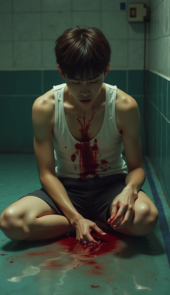 handsome teenage japanese boy, brown hair, 18 years old, painful stab wound in stomach, fainting, bleeding wound, pained and scared expression, blood on floor, bloody white tanktop, short pants and no socks, covering wound with tanktop, holding wound with bloody hand, sitting in the water pool, slightly spreading blood in water, trail of blood, massive bleeding, detailed facial features, highly realistic, cinematic lighting, dramatic shadows, muted color palette, dramatic composition