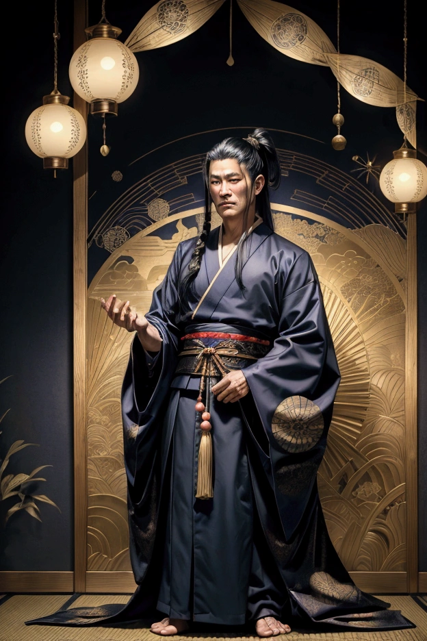 "A mature Japanese male fortune teller, full body portrait. He has long black hair tied back in a traditional style. Wearing a dark blue and gold patterned kimono with wide sleeves. Serene facial expression with wise, slightly narrowed eyes. Holding a crystal ball in his hands. Soft, mystical lighting. Traditional Japanese interior background with shoji screens and low table. Realistic style with attention to fabric textures and atmospheric lighting."