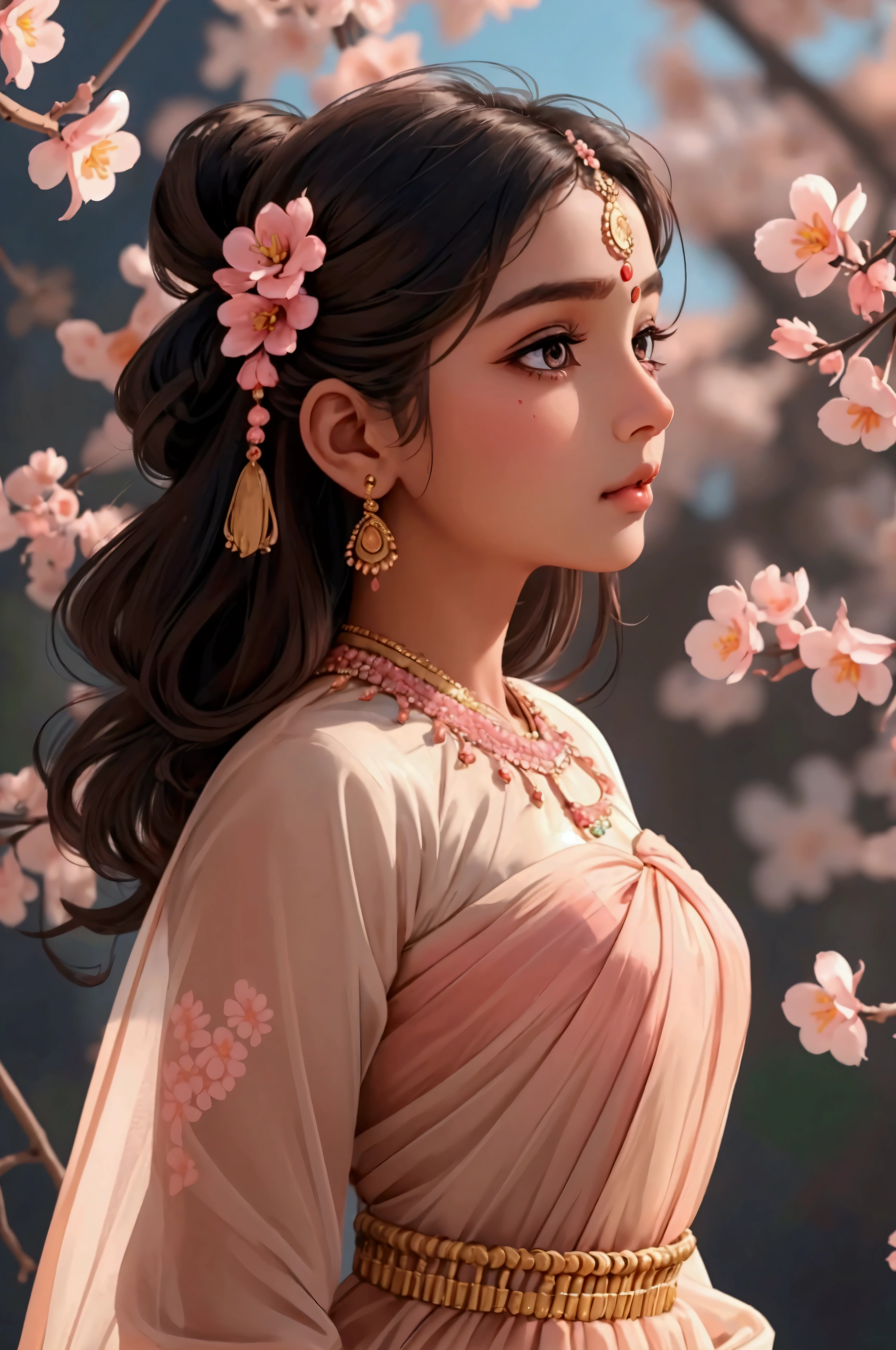 Beautiful and charming Indian woman、Translucent brown skin、Half-body photo、Attractive oval face、double eyelid、Bright peach blossom eyes、Pink Lips、Small Nose、Concentrated face、profile、Looking up at the sky、Face close-up、Ultra-high resolution、Super detailed、Graceful posture、Ethnic Costume Dress。