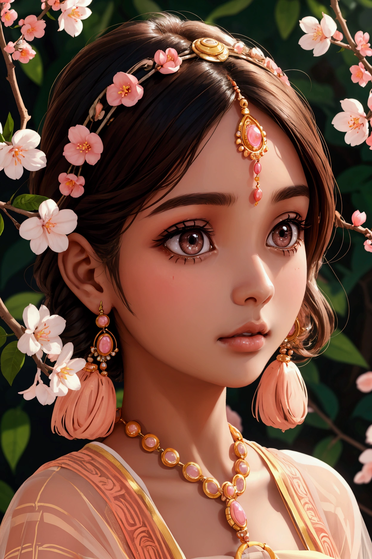 Beautiful and charming Indian woman、Translucent brown skin、Half-body photo、Attractive oval face、double eyelid、Bright peach blossom eyes、Pink Lips、Small Nose、Concentrated face、profile、Looking up at the sky、Face close-up、Ultra-high resolution、Super detailed、Graceful posture、Ethnic Costume Dress。