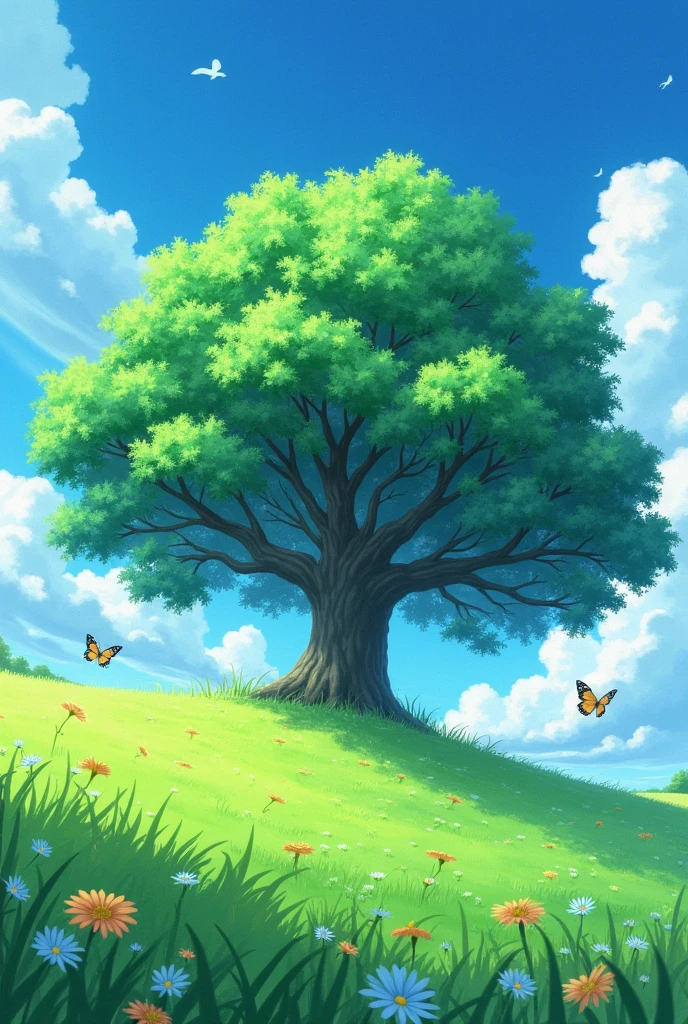 Anime grassland and clouds with a big tree