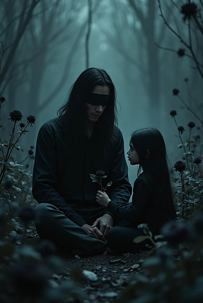Create a man with the power to manipulate energies, with long black hair and blindfolded eyes in an anime appearance. Have him sitting in an abyss with black flowers and a girl with black hair holding a black rose near him in the abyss.