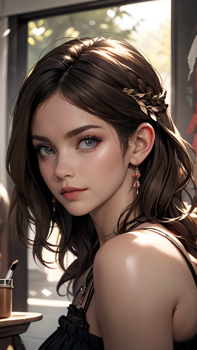 photoRealistic, Lip gloss, Painting, Realistic, highest quality, Ultra-high resolution, depth, pastel colour, Natural Shading, Focus on the face, Face only, View your viewers, Long Hair, hair accessory, Black Hair, Brown, well-detailed eyes, dress