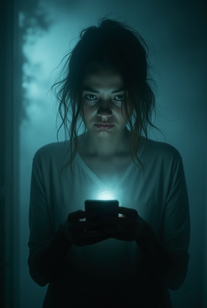 A woman in her room filled with fog terrifing looking towards phone,night,scary,