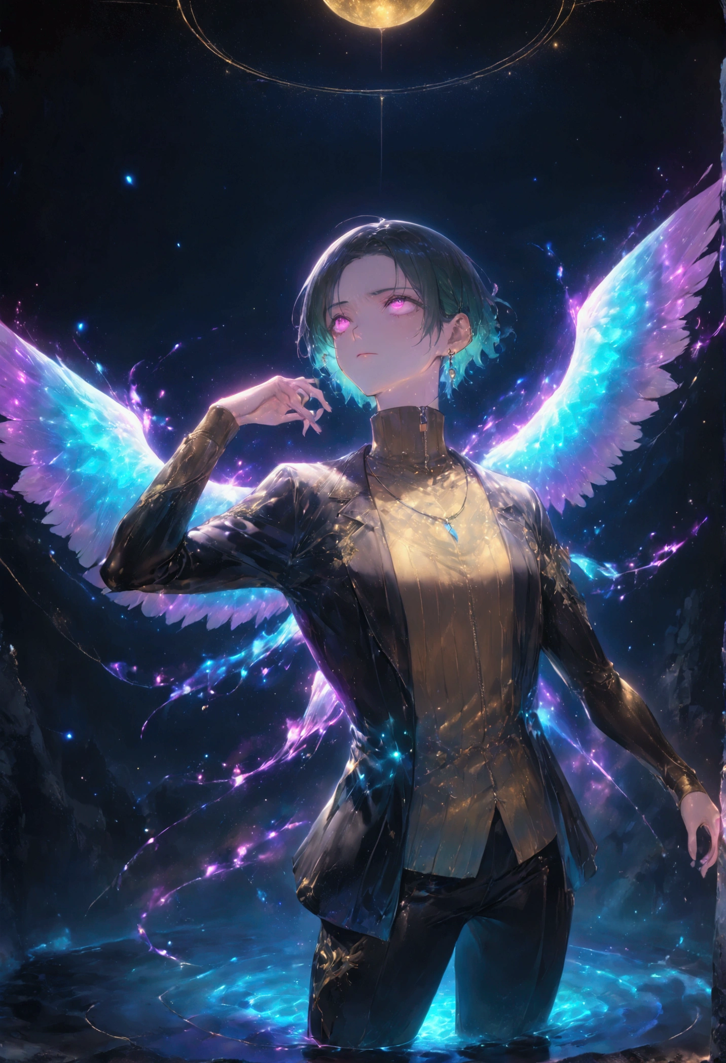((master piece)) Anime-style illustration, high-quality, 8k, concept art, divided into parts, inspired by Makoto Shinkai, crisp image, digital painting, trending on ArtStation and Pixiv. The scene has a low-angle perspective, showing two humanoids in full view, separated by a celestial blue energy, positioned at the center of the illustration. The background features a contrasting setting with a closed-sky sunset on the right and a starry night sky on the left, with natural lighting enhancing the ambiance. Both characters have identical appearances: red-gold eyes, curly black hair with green bangs reaching their eyes. The adult, a Fallen Angel with an athletic build, stands upright with a slight arch in his back, arms by his side, looking up at the sky with a blank expression. He wears tight-fitting martial arts robes made of fine black fabric with golden lines, designed with an opening on the back to accommodate his large, detailed wings with dazzling dark feathers. He also wears earrings. The boy, a Mage with a slender build, is in a dynamic pose, right arm raised towards the sky, with a radiant white sphere of sacred energy spinning in his hand, while purple magic glows intensely along his arm. His expression is severe, with furrowed brows showing deep concentration. He wears loose-fitting, cold-weather clothes: black pants with white stripes, a golden shirt, a black jacket with a zipper, and a gray sweater, along with a necklace featuring a blue sapphire. A floating illusory pentagram appears behind him, glowing with symbols of light and darkness.