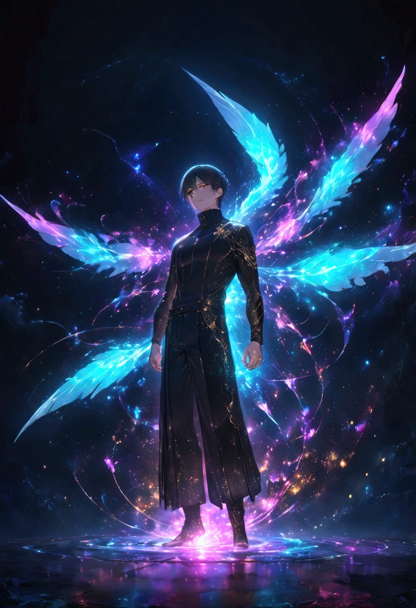 ((master piece)) Anime-style illustration, high-quality, 8k, concept art, divided into parts, inspired by Makoto Shinkai, crisp image, digital painting, trending on ArtStation and Pixiv. The scene has a low-angle perspective, showing two humanoids in full view, separated by a celestial blue energy, positioned at the center of the illustration. The background features a contrasting setting with a closed-sky sunset on the right and a starry night sky on the left, with natural lighting enhancing the ambiance. Both characters have identical appearances: red-gold eyes, curly black hair with green bangs reaching their eyes. The adult, a Fallen Angel with an athletic build, stands upright with a slight arch in his back, arms by his side, looking up at the sky with a blank expression. He wears tight-fitting martial arts robes made of fine black fabric with golden lines, designed with an opening on the back to accommodate his large, detailed wings with dazzling dark feathers. He also wears earrings. The boy, a Mage with a slender build, is in a dynamic pose, right arm raised towards the sky, with a radiant white sphere of sacred energy spinning in his hand, while purple magic glows intensely along his arm. His expression is severe, with furrowed brows showing deep concentration. He wears loose-fitting, cold-weather clothes: black pants with white stripes, a golden shirt, a black jacket with a zipper, and a gray sweater, along with a necklace featuring a blue sapphire. A floating illusory pentagram appears behind him, glowing with symbols of light and darkness.