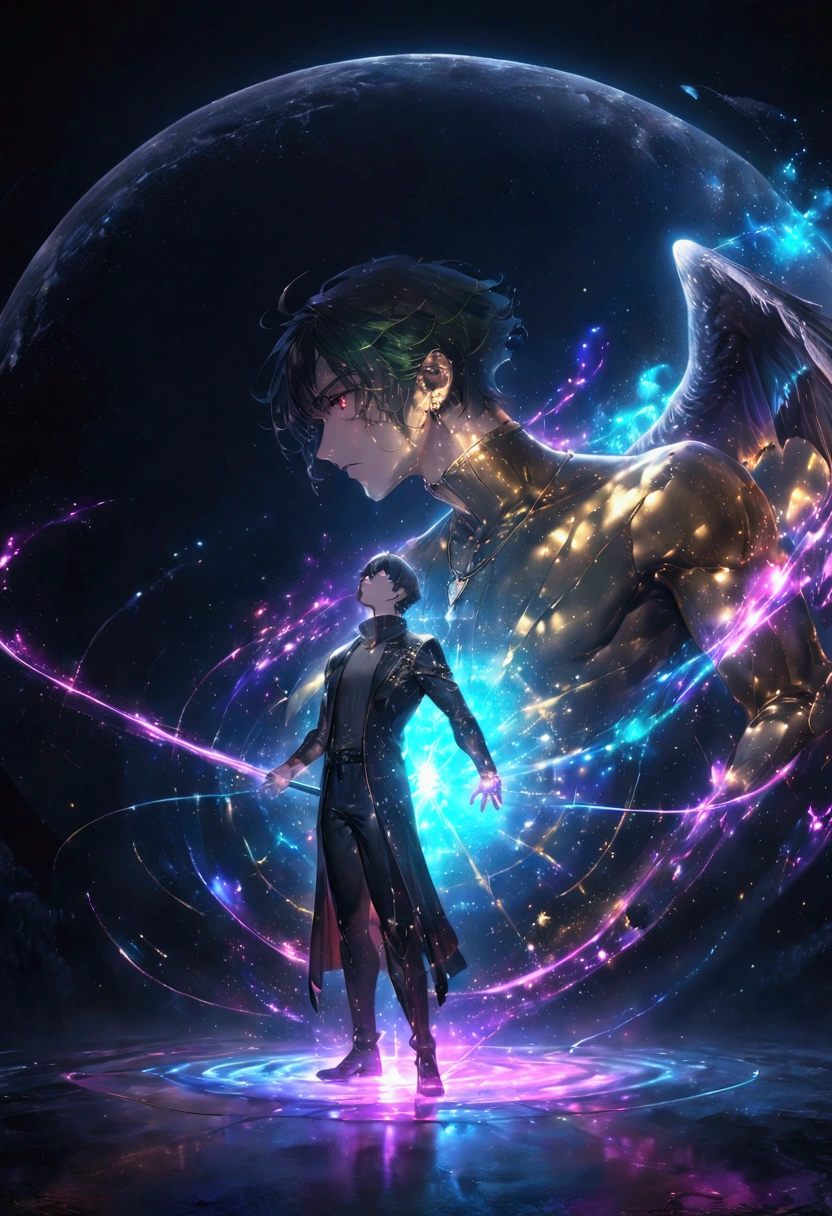 ((master piece)) Anime-style illustration, high-quality, 8k, concept art, divided into parts, inspired by Makoto Shinkai, crisp image, digital painting, trending on ArtStation and Pixiv. The scene has a low-angle perspective, showing two humanoids in full view, separated by a celestial blue energy, positioned at the center of the illustration. The background features a contrasting setting with a closed-sky sunset on the right and a starry night sky on the left, with natural lighting enhancing the ambiance. Both characters have identical appearances: red-gold eyes, curly black hair with green bangs reaching their eyes. The adult, a Fallen Angel with an athletic build, stands upright with a slight arch in his back, arms by his side, looking up at the sky with a blank expression. He wears tight-fitting martial arts robes made of fine black fabric with golden lines, designed with an opening on the back to accommodate his large, detailed wings with dazzling dark feathers. He also wears earrings. The boy, a Mage with a slender build, is in a dynamic pose, right arm raised towards the sky, with a radiant white sphere of sacred energy spinning in his hand, while purple magic glows intensely along his arm. His expression is severe, with furrowed brows showing deep concentration. He wears loose-fitting, cold-weather clothes: black pants with white stripes, a golden shirt, a black jacket with a zipper, and a gray sweater, along with a necklace featuring a blue sapphire. A floating illusory pentagram appears behind him, glowing with symbols of light and darkness.