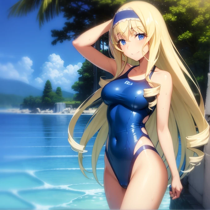 (​masterpiece、top-quality:1.2), solo, 1girl in, cecilia alcott, (glowy skin、Wet skin:1.2), a smile, see the beholder, wading, drill hair, blue hairband, onepiece swimsuit, highleg、swimming pools