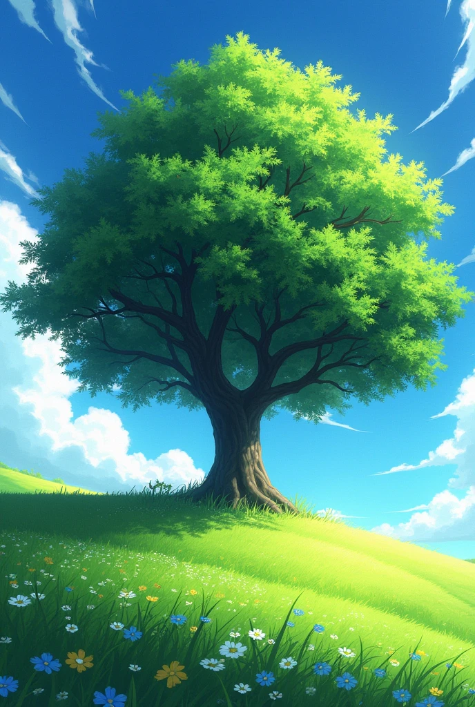 Anime grassland and clouds with a big tree