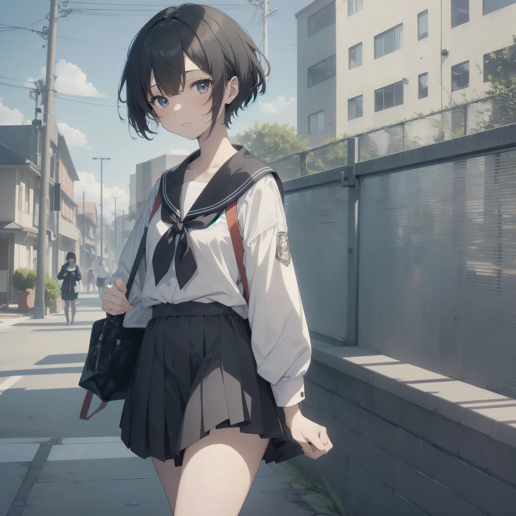 ultra-absurdres-Top quality by artist God, ultra-detailed, high resolution, anime moe artstyle, best anime 8k konachan wallpaper, pixiv contest winner, pool:2810, perfect anatomy,break, 1girl, (Please draw a girl walking sleepily to school alone. )break,(Solo,little female, 13-year-old:1.3),Full limbs, complete fingers,a junior high school student, (very short hair), short cut, flat chest, , small butt, small black eyes, beautiful detailed eyes, well-proportioned iris and pupils, expressive eyes, highres detailed hair, soft expression, salor school_uniform, sailor collar, serahuku, bow, pleated skirt,(Detailed Lighting), (Detailed background), in the School commute route. break,super detailed skin, Best cinematic lighting powered by famous artist, 8k,beauty illustration,photoshop_(medium),very aesthetic,break,((artist:izumi_tsubasu )), artist:clamp ,artist:carnelian ,artist:kantoku ,
