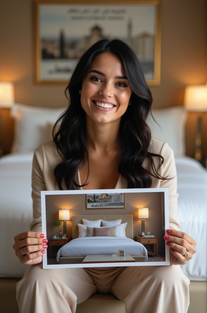Une femme brune. Les cheveux raides, écartés ou un peu écartés du cou, pas longs, de couleurs noirs. Une femme un peu volumineuse par sa forme physique. Assise dans une grande chambre d'hôtel, sur un lit de l'hôtel, souriante, la tête droite, le regard droit fixé vers l'avant, portant dans ses mains une grande photo qu'elle montre bien vers l'avant de sorte que la photo qu'elle montre soit un peu décollée de sa poitrine et derrière elle, accroché sur le mur, un tableau avec 2 écritures sur le tableau. L'une qui dit en arabe : Bienvenue à Berrechid et la deuxième en langue française qui dit : Bienvenue à Berrechid.