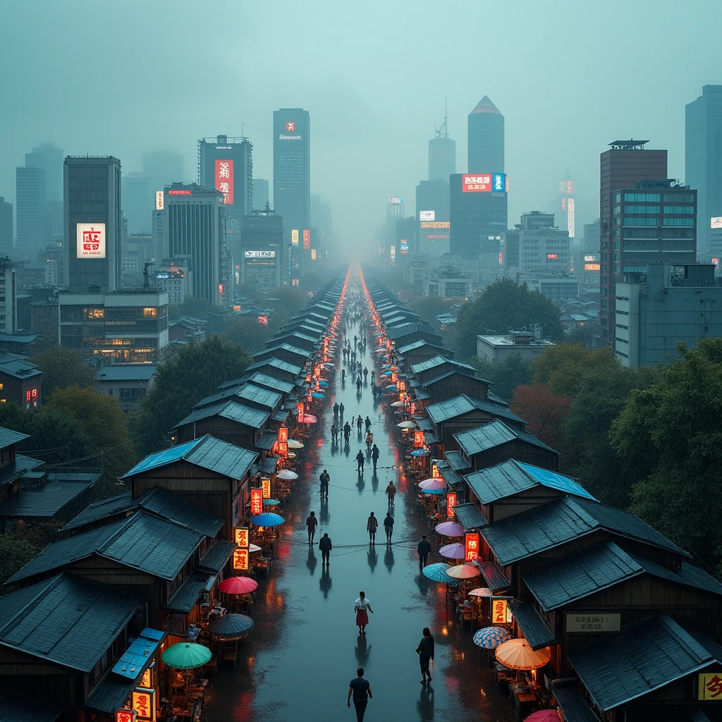 JAPANESE CITY VIEW FROM ABOVE RAINY WEATHER