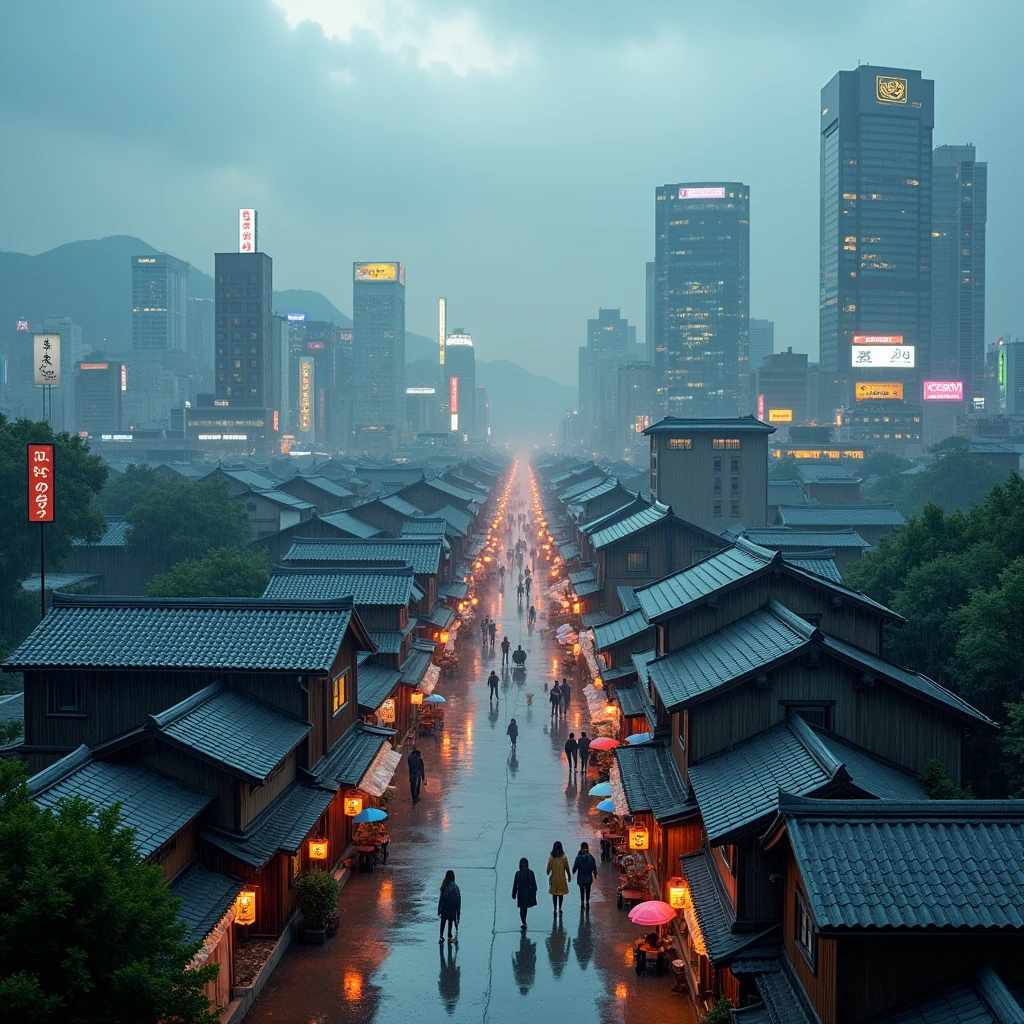 JAPANESE CITY VIEW FROM ABOVE RAINY WEATHER
