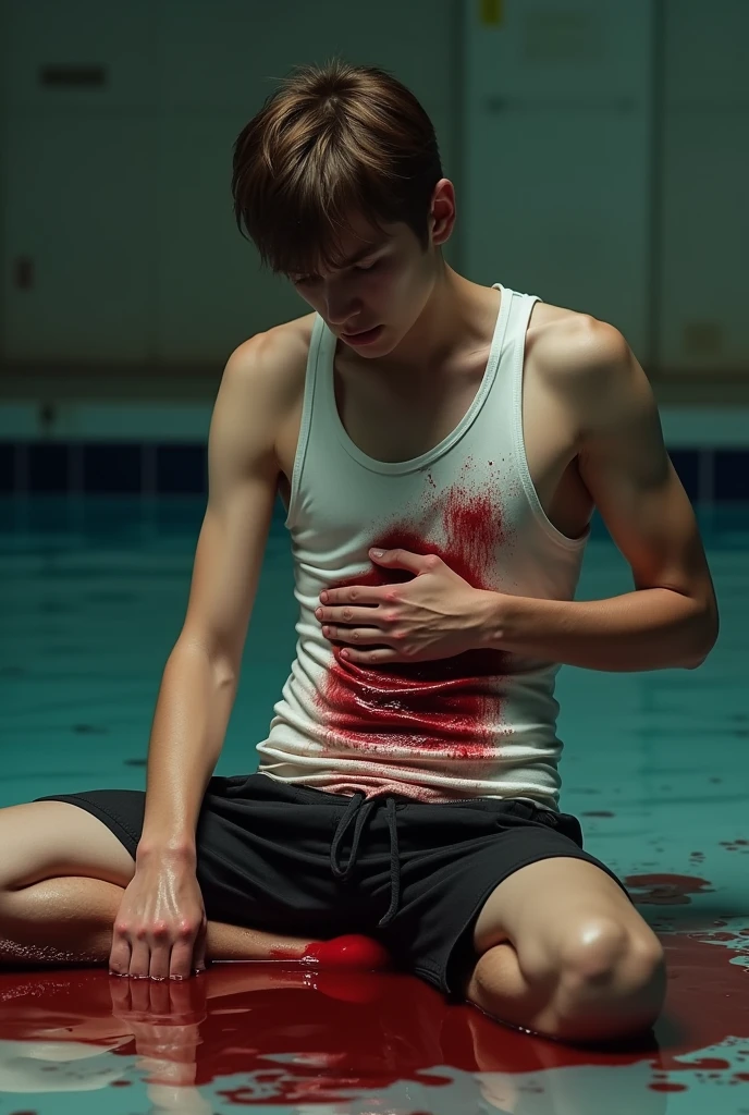 handsome age white boy, brown hair, , painful stab wound in stomach, fainting, bleeding wound, pained and scared expression, blood on floor, bloody white tanktop, short pants and no socks, covering wound with tanktop, holding wound with bloody hand, sitting in the water pool, slightly spreading blood in water, trail of blood, massive bleeding, detailed facial features, highly realistic, cinematic lighting, dramatic shadows, muted color palette, dramatic composition