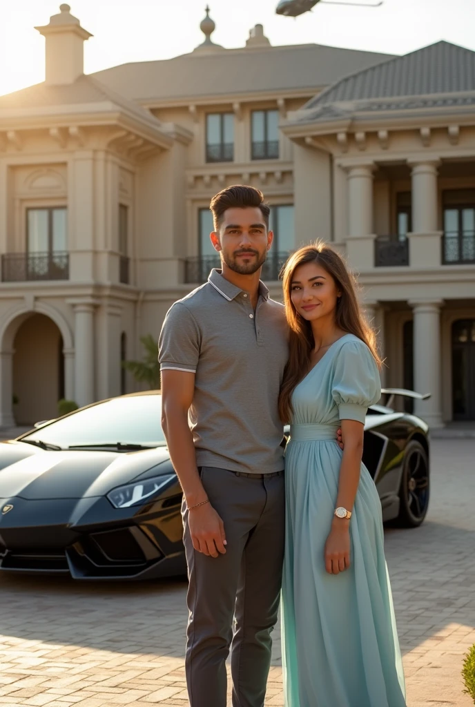 Handsome man without mustache wearing a gray aesthetic polo and pants with a rolex watch on the right arm with their black Lamborghini and flying motor with his beautiful Muslim wife wearing sky-blue dress and twin children with their $1 000 000 000 Mansion in the background